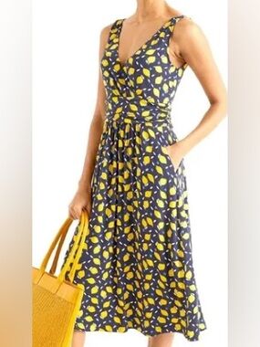 Boden Effie Jersey Sleeveless Lemon Print Midi Dress Navy Sz 14R FLAW